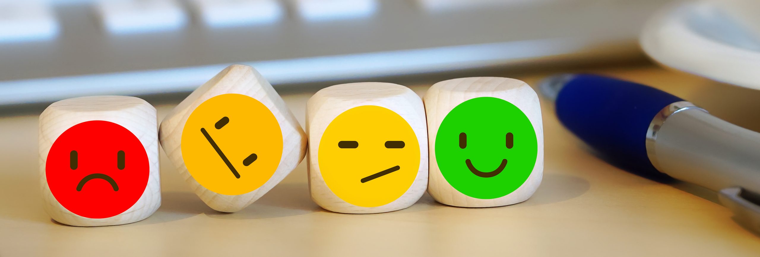 Customer review, happy and sad face dice