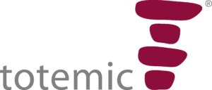 Totemic logo. Totemic is written in a simple light grey font with four small to large purple rocks stacked next to the word.