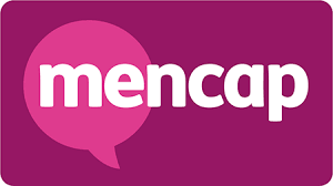 Mencap logo with a pink speech bubble behind the me in Mencap