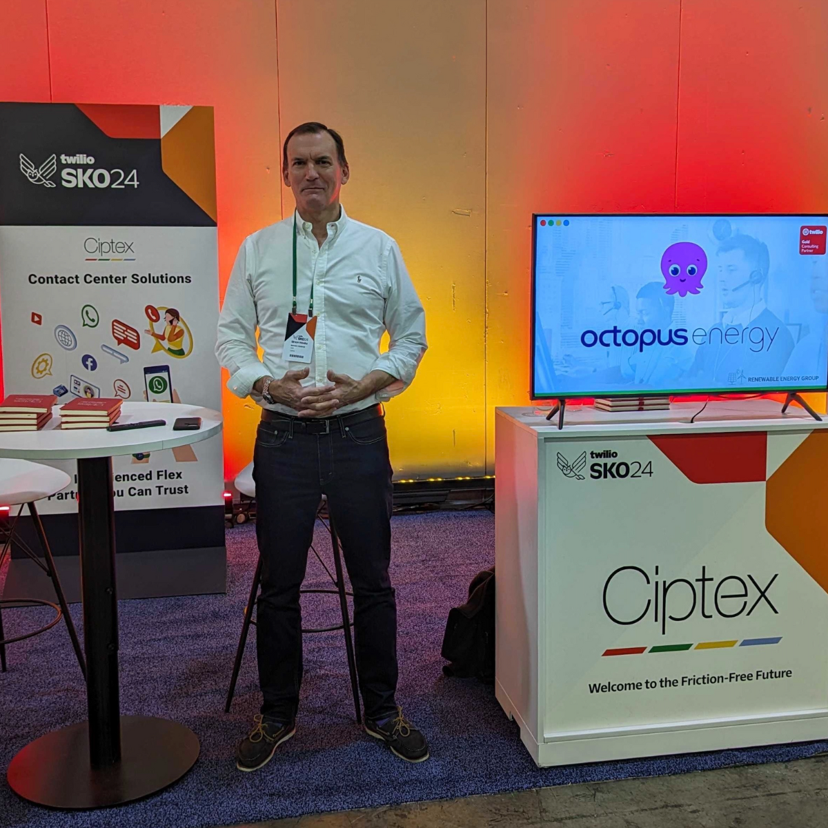 Twilio Sales Kick-Off 2024. Twilio SKO2024 Ciptex stand with Ciptex's CEO stood infront of the Ciptex stand.