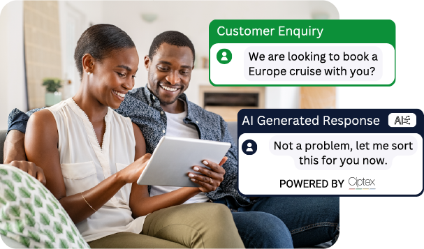 AI Travel Graphic. A couple messaging an AI chatbout, looking to book a cruise with the luxury travel company.